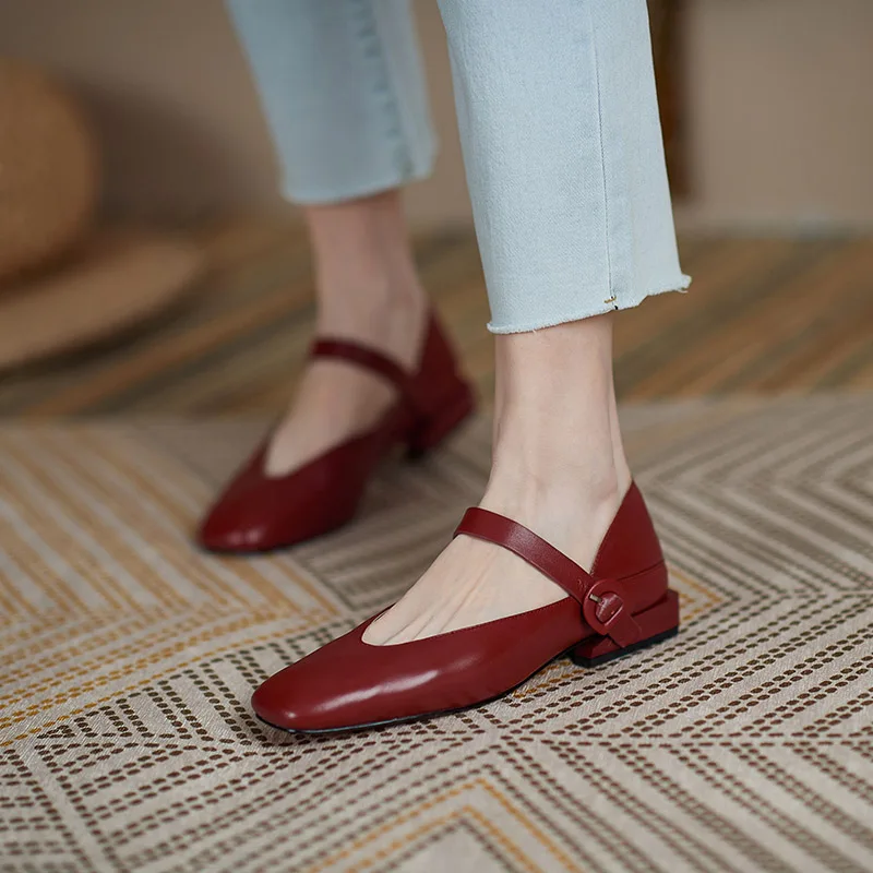 

Phoentin Party Square Toe Mary janes fashion Low Heel Pumps Women Genuine Leather spring Autumn elegant lady flats shoes FT2959