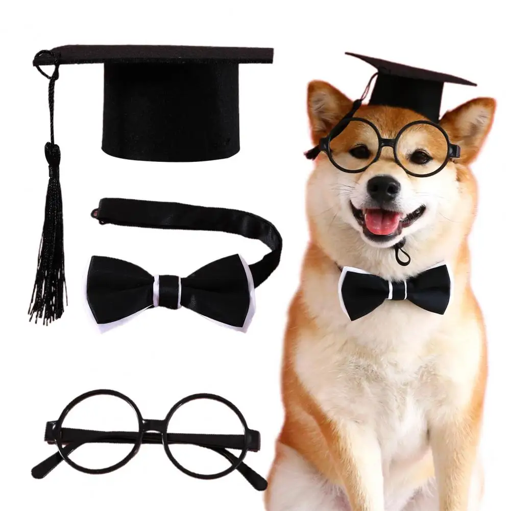 

1 Set Pet Graduation Suit Dog Hat Adorable with Tassel Felt Pet Cats Dogs Cosplay Hat Collar Glasses Set Pet Accessories