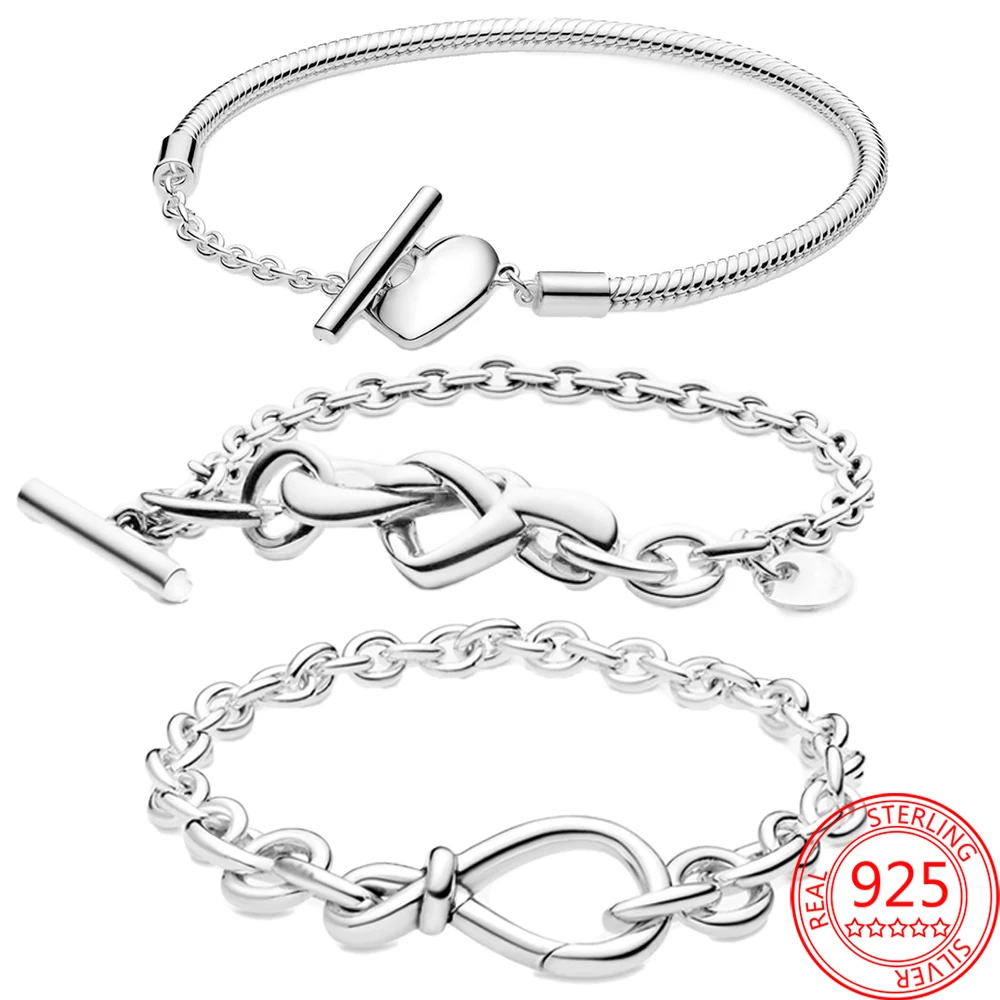 

Original 925 Sterling Silver Knotted Heart T-Bar Bracelet Women Romantic Jewelry Set Pendant Gift