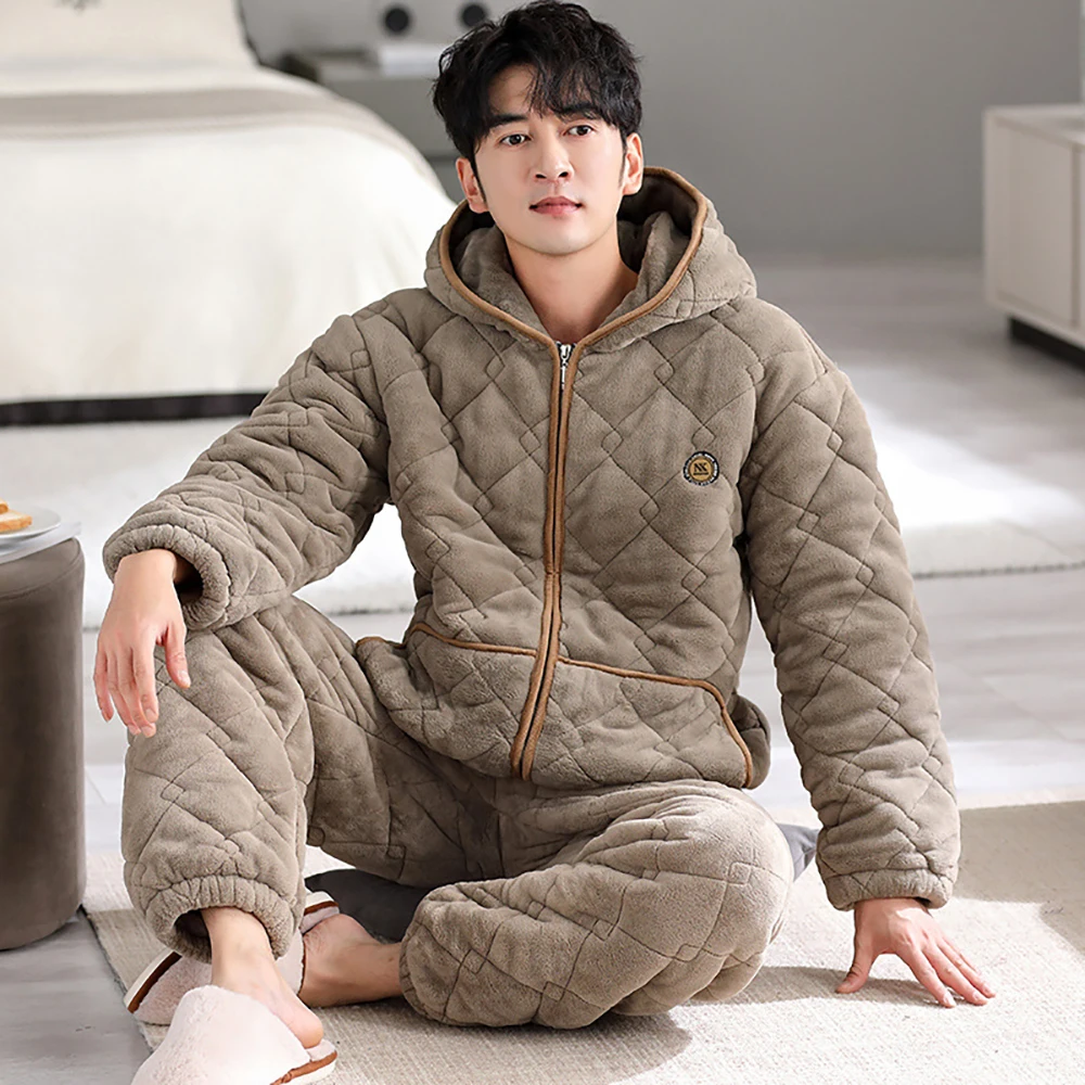 Japan Style 3-Layer Super Thicken Coral Fleece Male Sleepwear For Sleeping Warm Loose Hooded Zipper Men's Winter Pajamas Sets