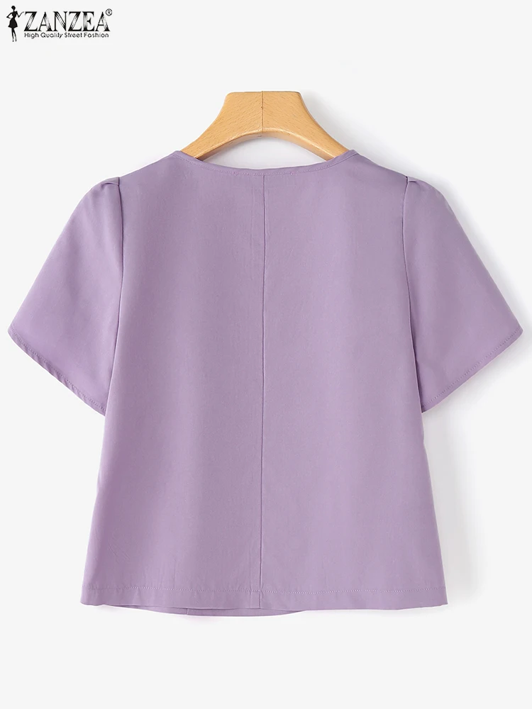 Women Summer Short Sleeve Blouse Casual V Neck Solid Color Tops