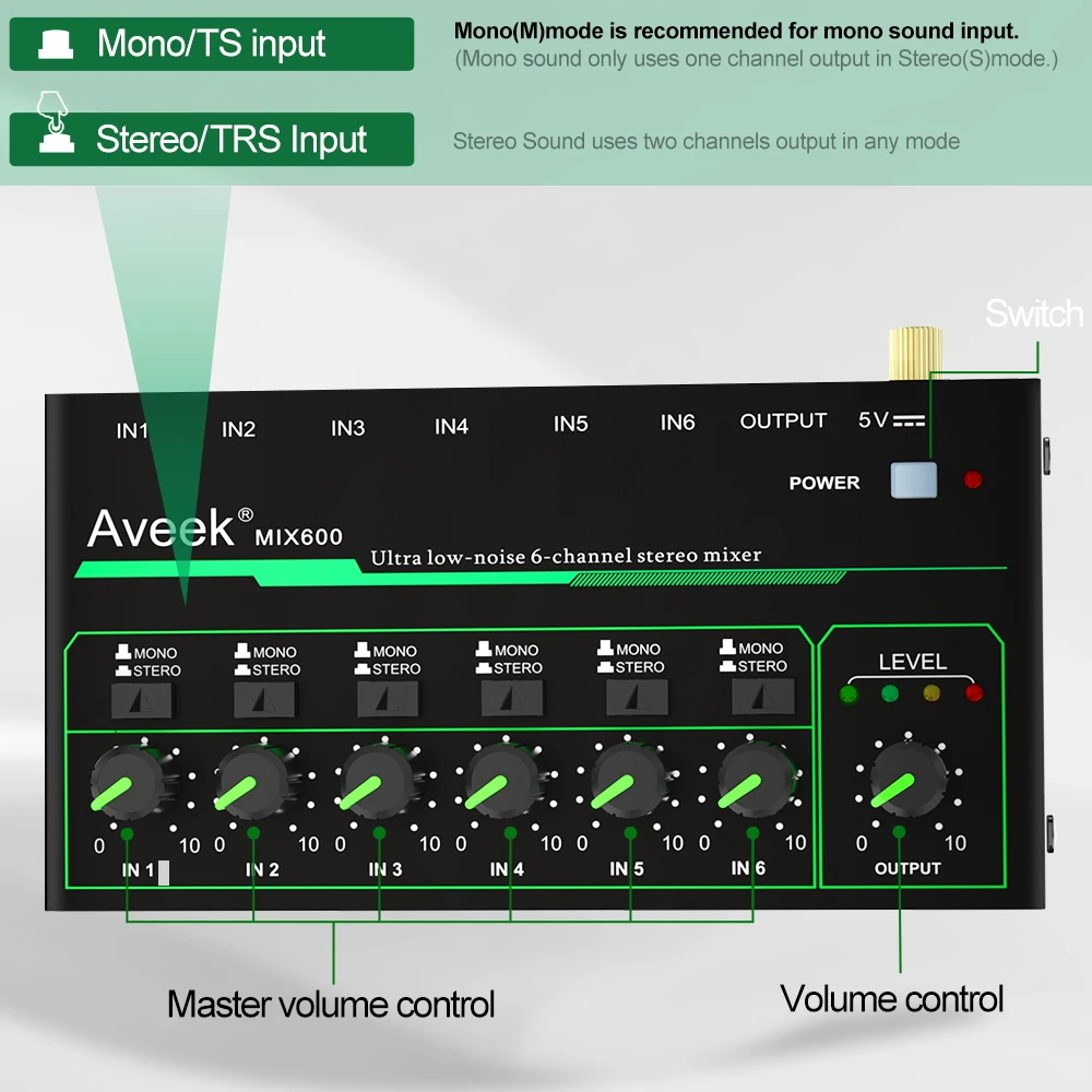 Aveek 6 Channel Mixer-Mini 6 Stereo Audio Mixer, Low-Noise for Precision Sub-Mixing,1/4" TRS Input/Output Ideal for Mics