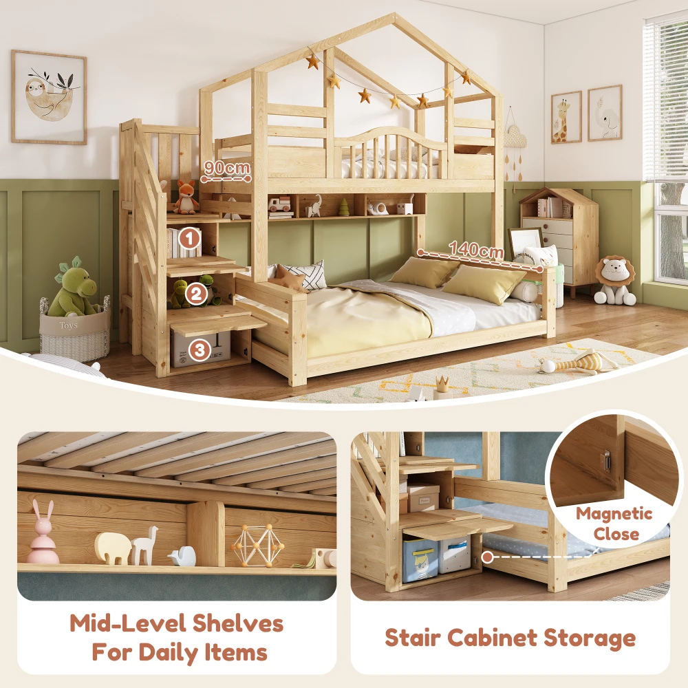 90x200/140x200cm Etagenbett Kinderhausbett Naturholz mit Treppenlagerregalen, für Kinder, Jugendliche, ohne Matratze – Detail 18