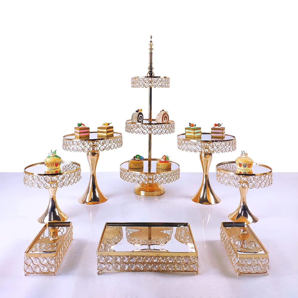 Gold 8-16pcs Electroplate Metal Crystal Cake Stand Set Display Wedding Birthday Party Dessert Cupcake Plate Rack