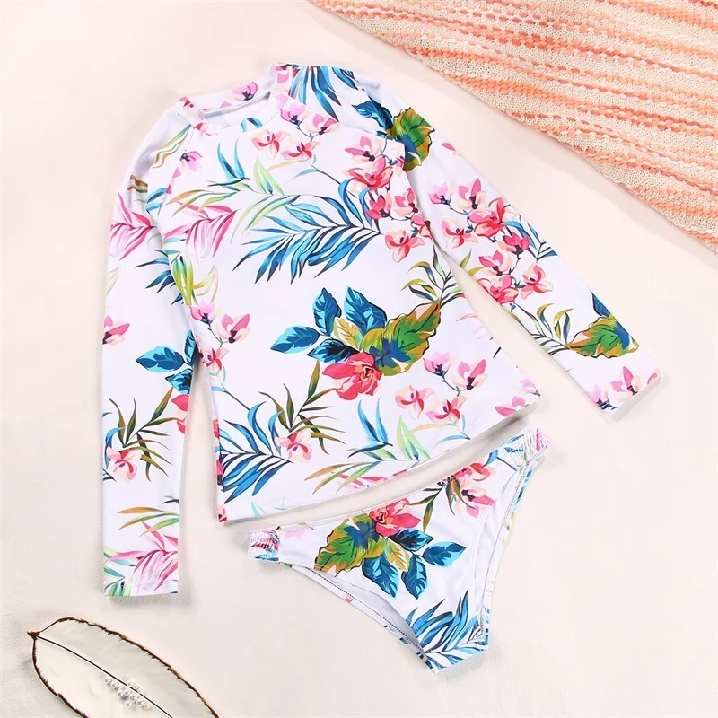 Yeezzi Women Swimsuit Bathing Suit 2 Pieces Swimwear Long Sleeves Floral Print Female Bikini Suits Rash Guard Fashion New 2021