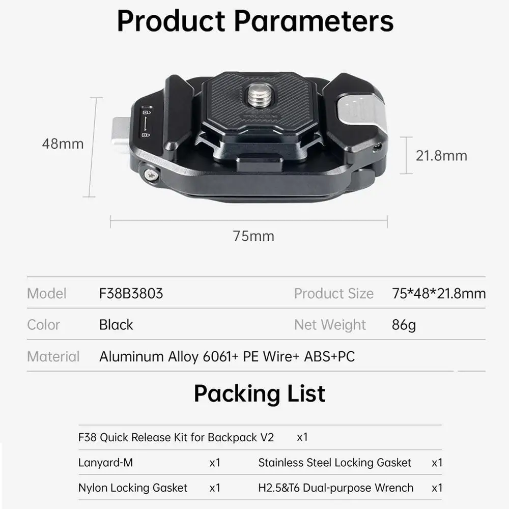 F38B3802 Quick Release Plate Kit for Backpack Straps V2,MAX. Payload 30kg Tripod