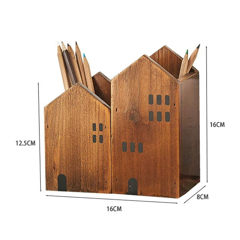 2pcs House Wooden Pen Holder Pencil container Makeup Brush Stationery storage box Student/ Office Desktop Storage Organiser 2