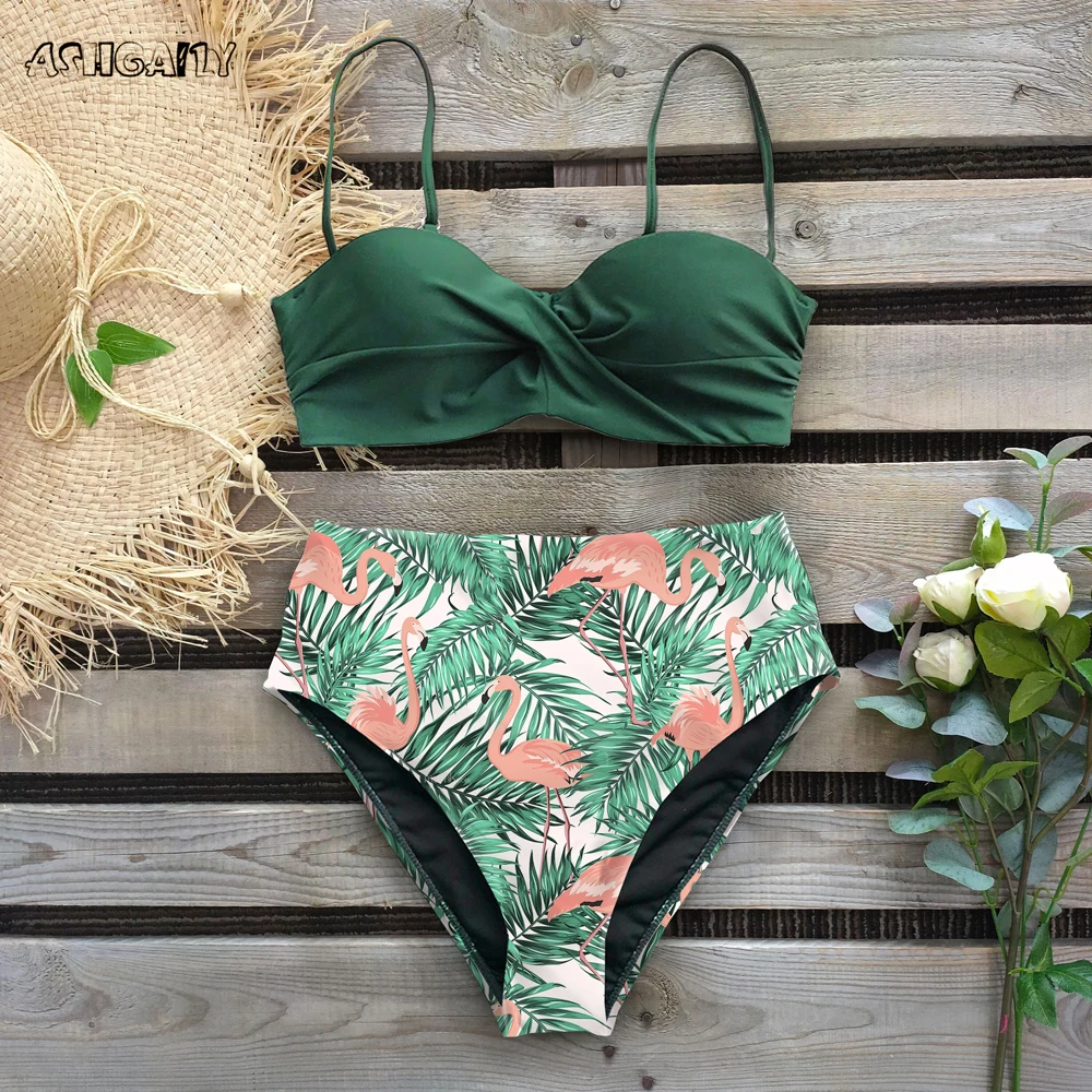 Sexy Bikini Swimsuit Women Swimwear Push Up Bikinis Set Leaf Print Female High Waist Swimming Suits, women swimsuit