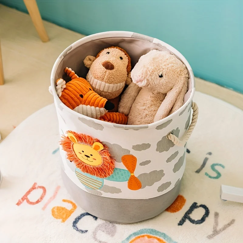 Cartoon Toy Storage Basket & Foldable Canvas Laundry Hamper, Collapsible Clothes Organizer Bin with Handles for Kids Room