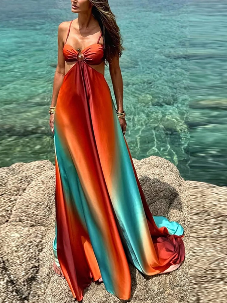 Fashion Gradient Hollow Out Maxi Dress Women Bohemia Spaghetti Strap Sleeveless Backless Beach Dresses Female Vacation Chic Robe 2