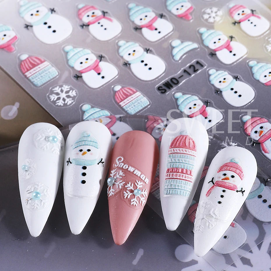 3pcs Embossed Christmas Nail Stickers Cute Snowman Santa Claus Penguin Bear Nail Decals Autumn Winter Nail Supplies Decoration
