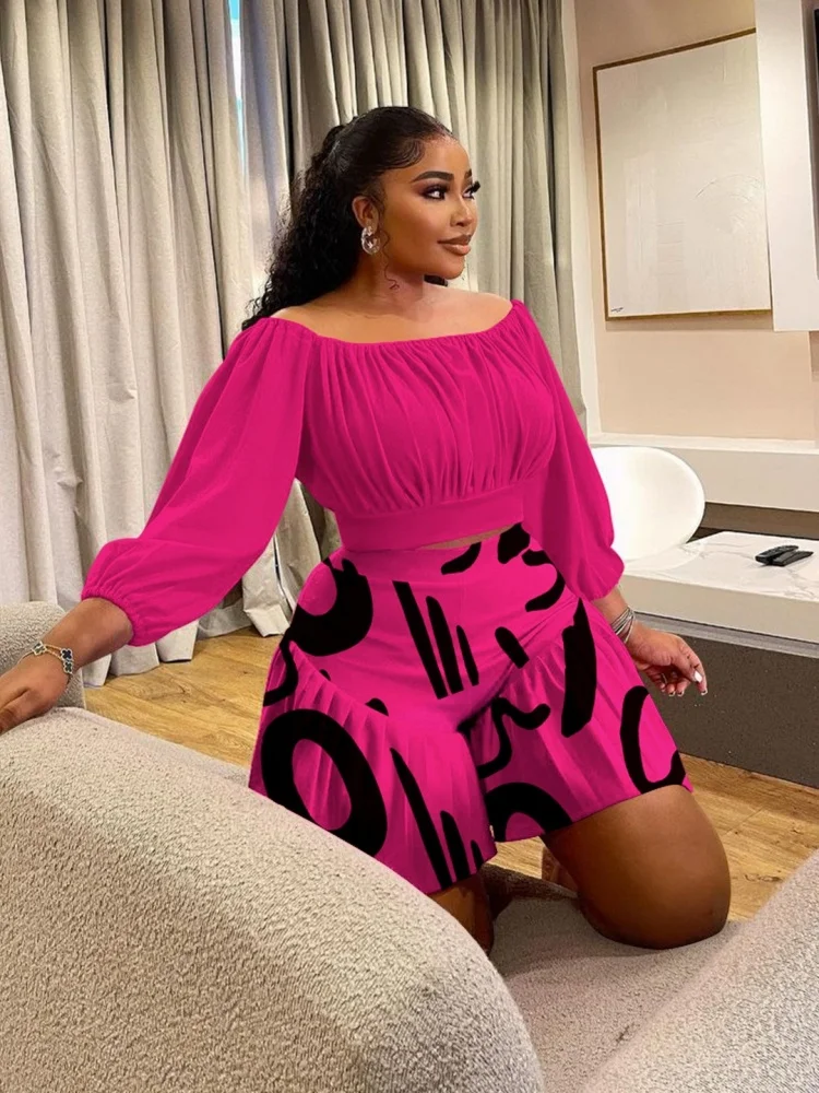 Wmstar Plus Size Two Piece Outfits Women's Clothing Wholesale New Style Pleated Off Shoulder  Casual Skirts Sets New Style