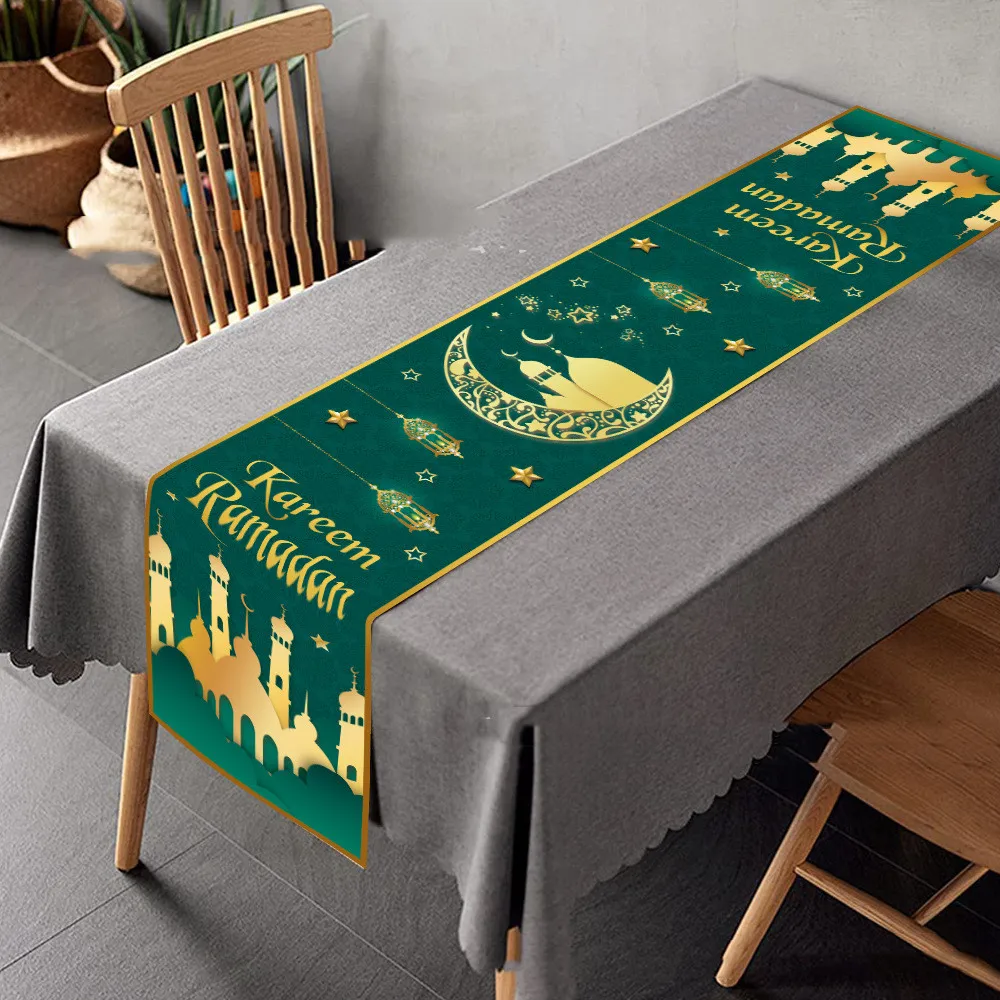 35*180cm Linen Ramadan Mubarak Table Runner Gold Moon Eid Star Dining