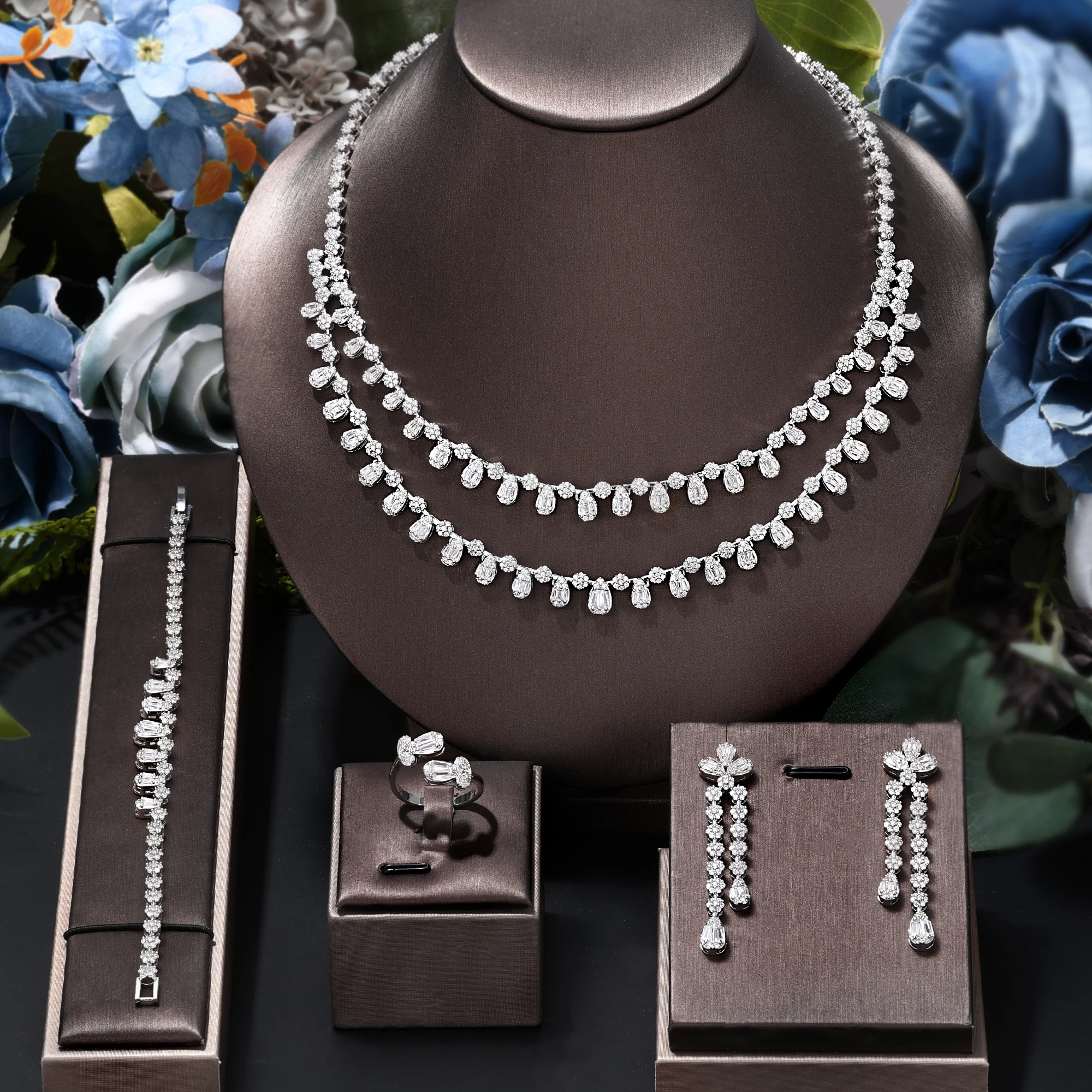 

2 Layers Necklace Earrings 4 Pieces Set Luxury Dubai Nigerian Cubic Zirconia Wedding Jewelry Sets for Party