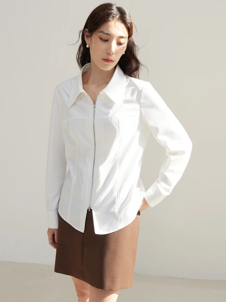 DUSHU Double-ended Zipper Design Women White Commuter Blouses Polo Neck Long Sleeve Female Solid Slim Shirt Tops