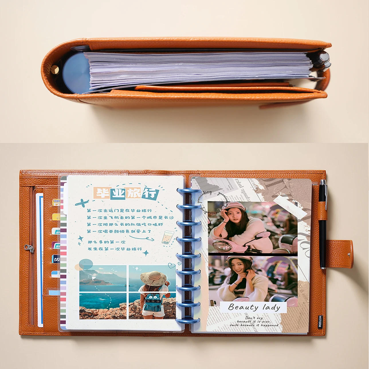 Moterm  가죽 정리 플래너 커버, 해피 플래너, 클래식 사이즈 노트북 확장 정리 저널