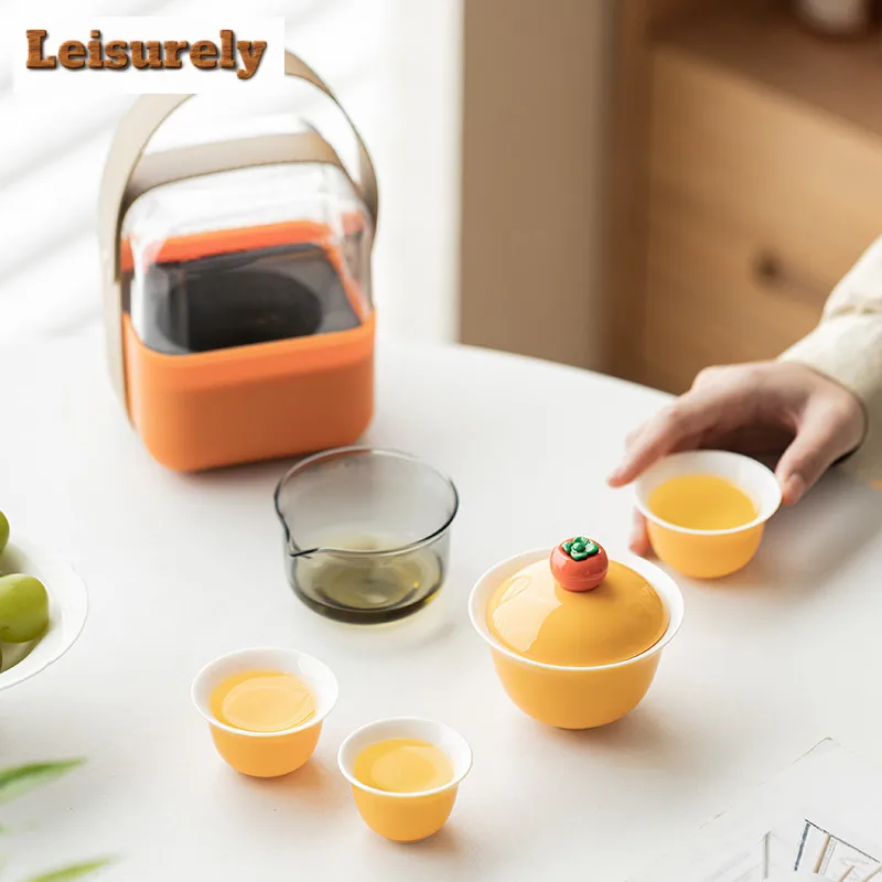 Creative Persimmon Travel Tea Set Kit Boutique 1 Pot 3 Cups Tea Making Organizer Portable Outdoor Stock Bags Supplies Decoration