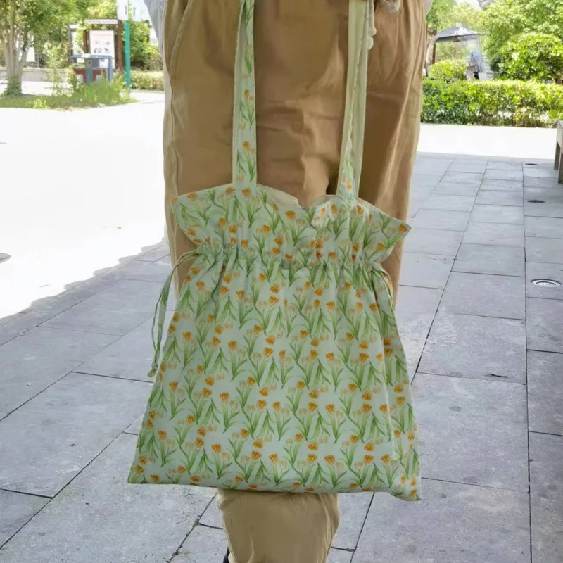 Small Fresh Style Canvas Bag Flower Print Shoulder Bag Cute Large Capacity Handbag Women's Aesthetic Leisure Shopping All-match