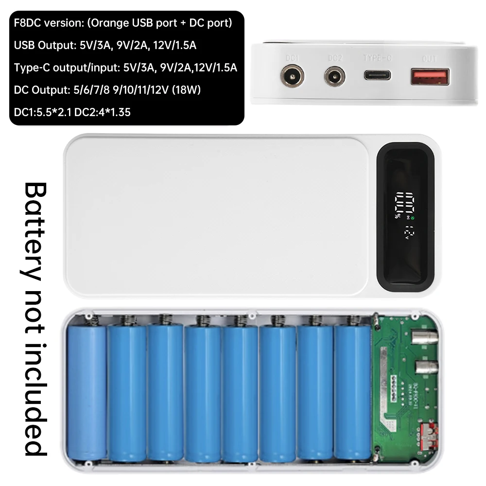 22.5W Fast Charger DIY Mobile Power Case Charge/Discharge Temperature Control Protection For 8PCS 18650 LithiumBattery DIY Shell
