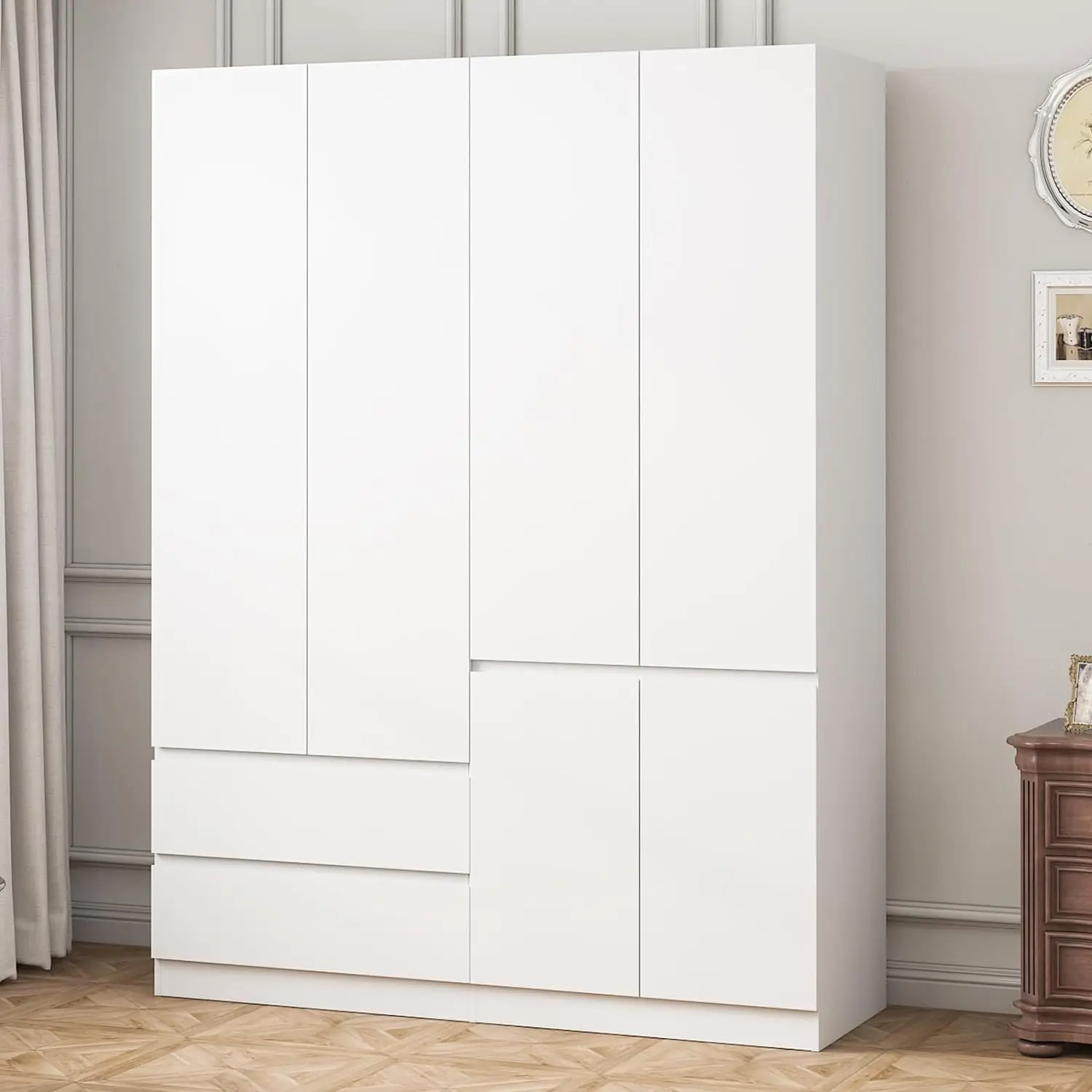 

78.74" 4-Door Armoire Wardrobe Closet w/ Drawers and Shelves, Armoires and Wardrobes w/ Hanging Rod, Wooden Wardrobe Closet