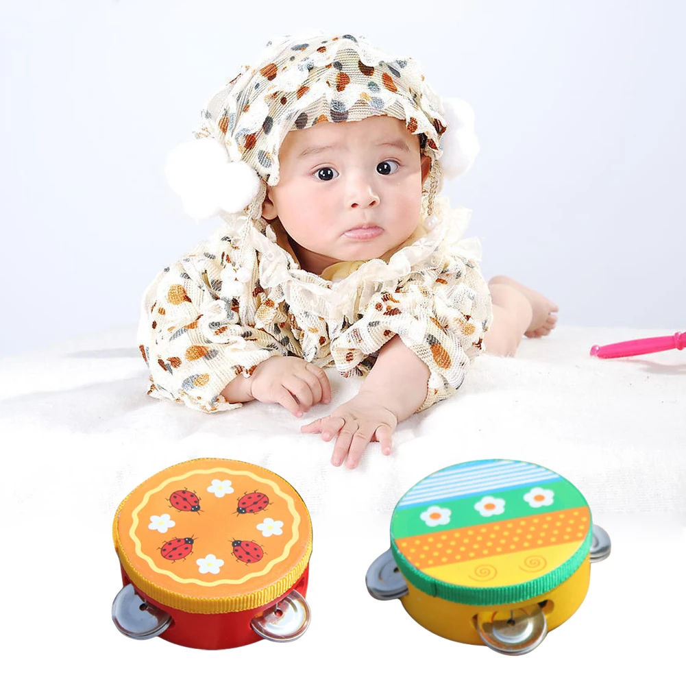 10cm Wooden Tambourine Drum Bell Manual Color Random Musical Instrument Percussion Teaching Aids Lightweight for Kids Party Game