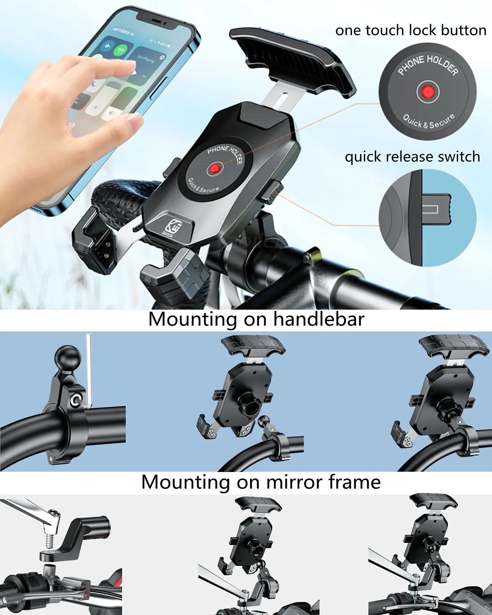 Universal Quick-Lock Handlebar Phone Mount for Motorcycles, Bicycles, ATVs, and Scooters