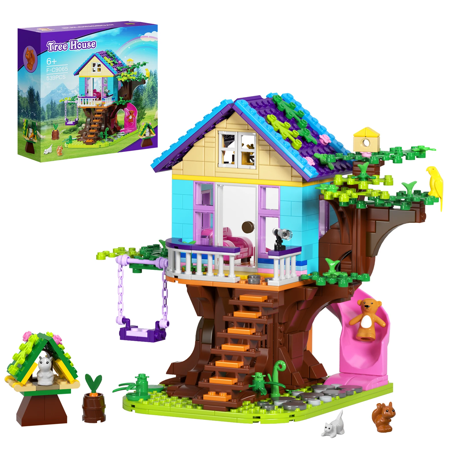 Moc Leisure New Animal Tree House Building Blocks Set Apribile Forest Slide Hut Nature Park Bricks Toys Regali Di Compleanno Per Bambini