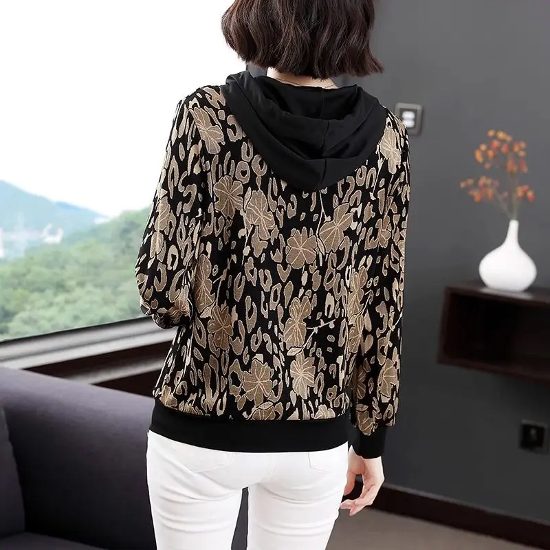 Women Vintage Fashion Floral Printed Rhinestone Hooded Sweatshirts Spring Autumn Casual Long Sleeve Hoodies Loose Pullover Tops