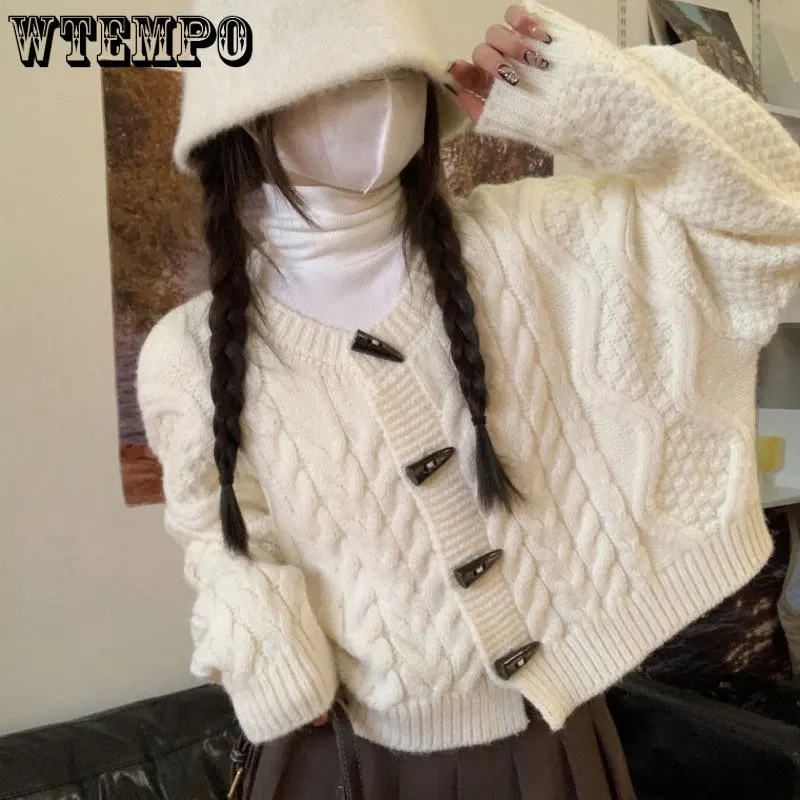 

WTEMPO Horn Button Knitted Cardigan Women's Small Fragrant Sweater Short Korean Simple Vintage Coat In Winter Wholesale