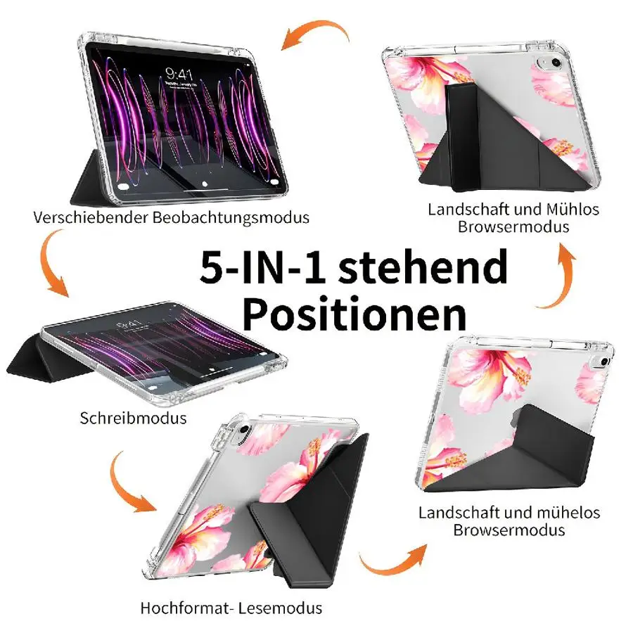 Creative Pink Floral Tablet Case with Pen Slot Cover