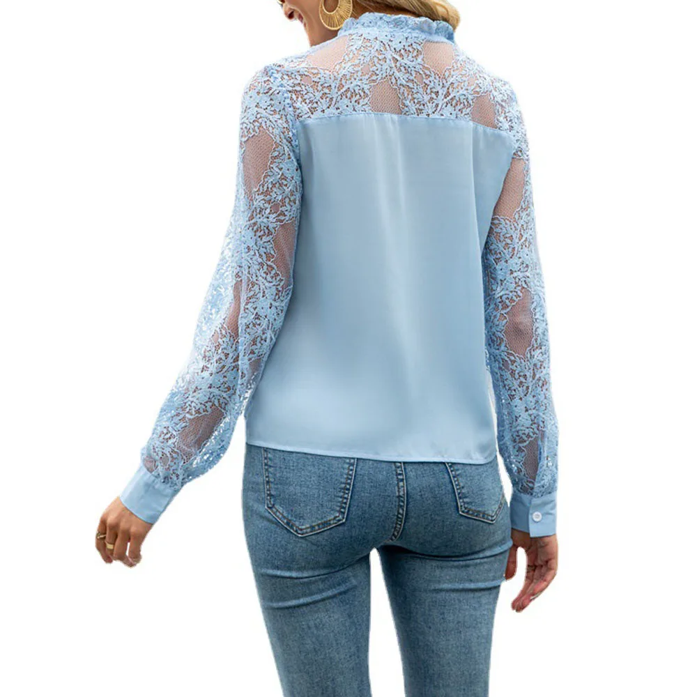 Lace Tie Collar Patchwork Slim Blouse for Women Summer Workwear
