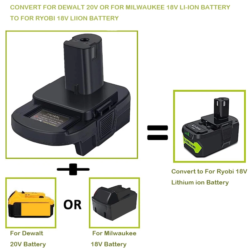 DM18RL Battery Converter Adapter for Dewalt/Milwaukee 20V Li-Ion Convertor for RYOBI 18V Lithium&Ni-NH&Ni-CD Battery