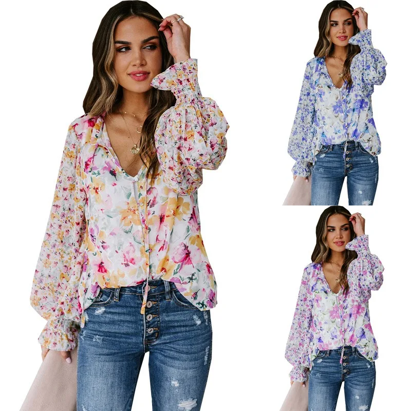 

Spring and Autumn Women's Long Sleeve Top Casual Commuter Sexy V-neck Fragmented Flower Lantern Sleeve T-shirt