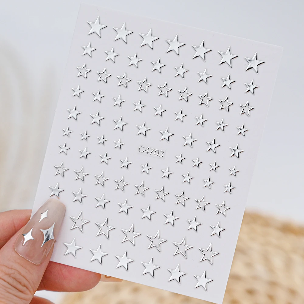 Metallic Silver Stars Nail Stickers 3D Bronzing Laser Heart Moon Starlight Glossychic Nail Sliders Self Adhesive Decal Wraps