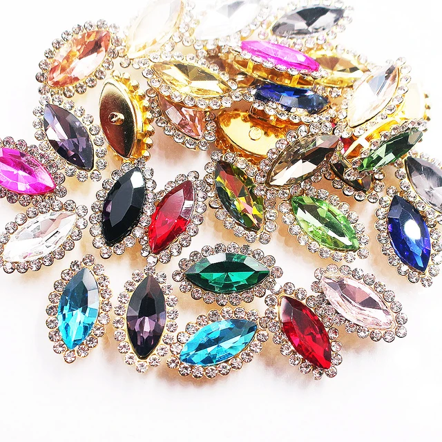 50pcs Multicolor Oval Claw Rhinestones Golden Flat Back Shiny Beads Trim  Sew On Rhinestones For Clothes Decoration