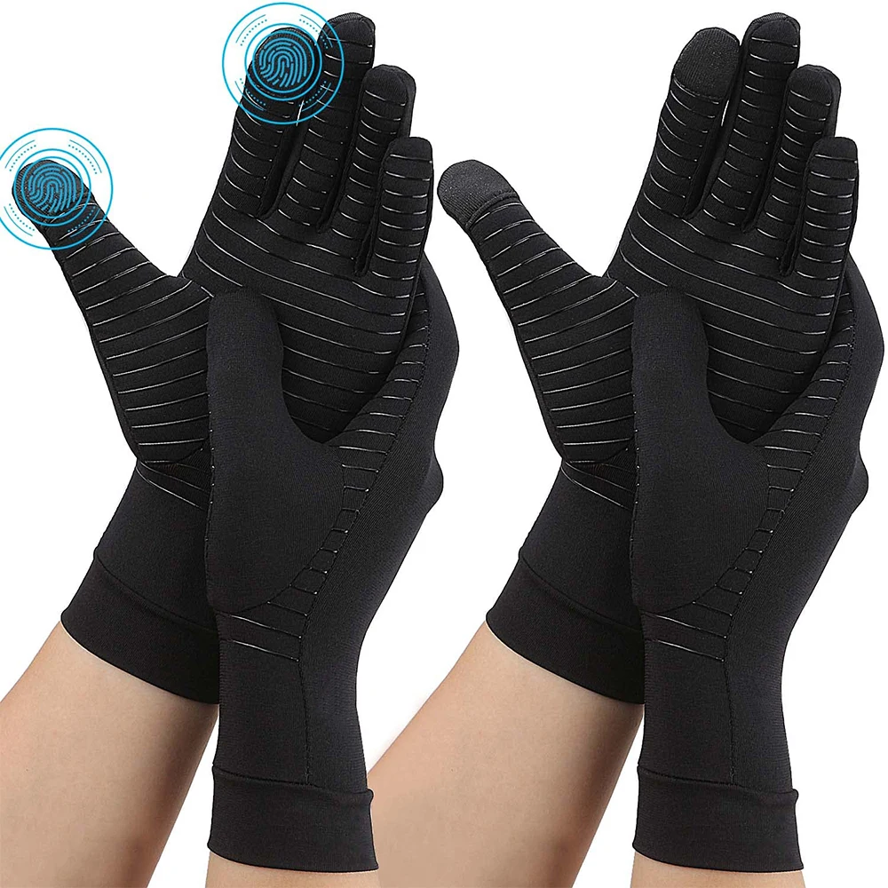 1Pair Full Finger Copper Arthritis Compression Gloves with Touchscreen Tips for Men Women Hand Pain Relief, Tendonitis, Swelling