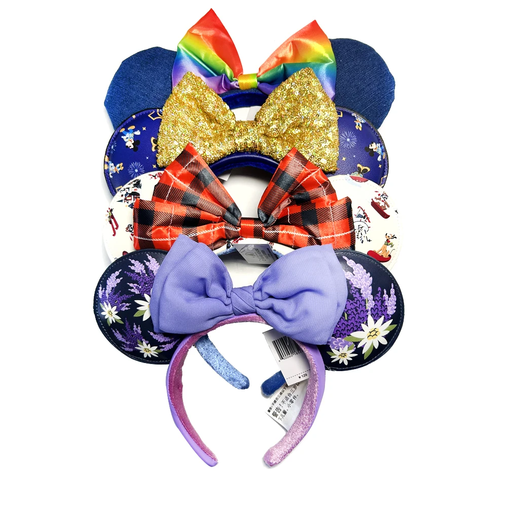 2024 New Disney Mickey Ears Headband Shanghai Disneyland Minnie Leather Headband Hairband Sequin Bow Party Hair Accessories