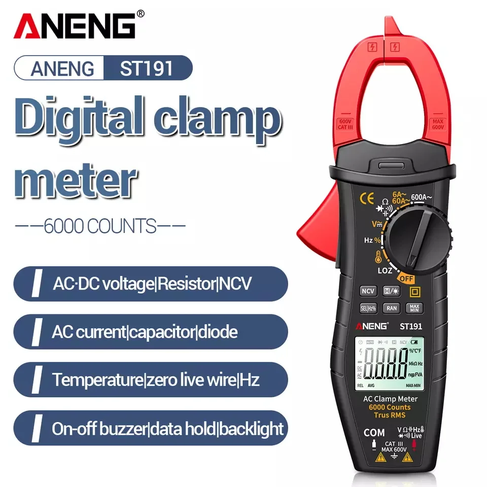 ANENG 디지털 클램프 멀티미터, ST191, ST192, ST193, 4, AC/DC 전류 6000 카운트, True RMS 커패시턴스, NCV Ohm Hz 트랜지스터