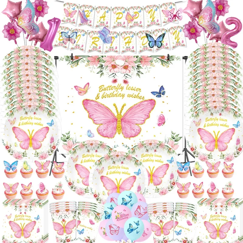 

Pink Butterfly Birthday Tableware Backdrop Happy 1st First Party Decorations Kids Girl Plate Cup Tablecloth Baby Shower Supplies