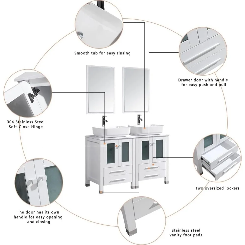 Bathroom Vanity 48 inch and Sink Combo Double Main Cabinet Combo with Double Rectangular Ceramic Sink for Small Space Bathroom 4