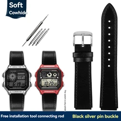 Casio Retro Leather Watch Strap for Men - Small Square, 18mm (Black silver)