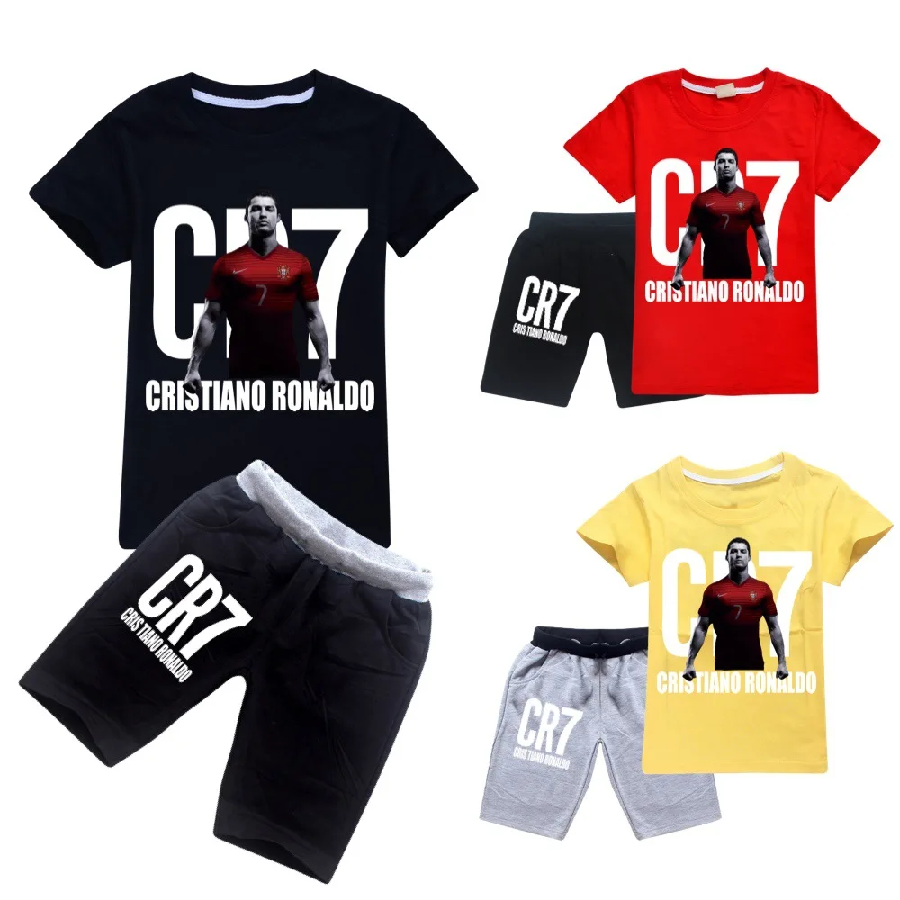 Moda Estate Bambini Neonati Maschi Cartoon Ronaldo Cr7 Vestiti Da Calcio Set Bambini Personaggio Manica Corta Camicia Pantaloncini 2 Pezzi Set