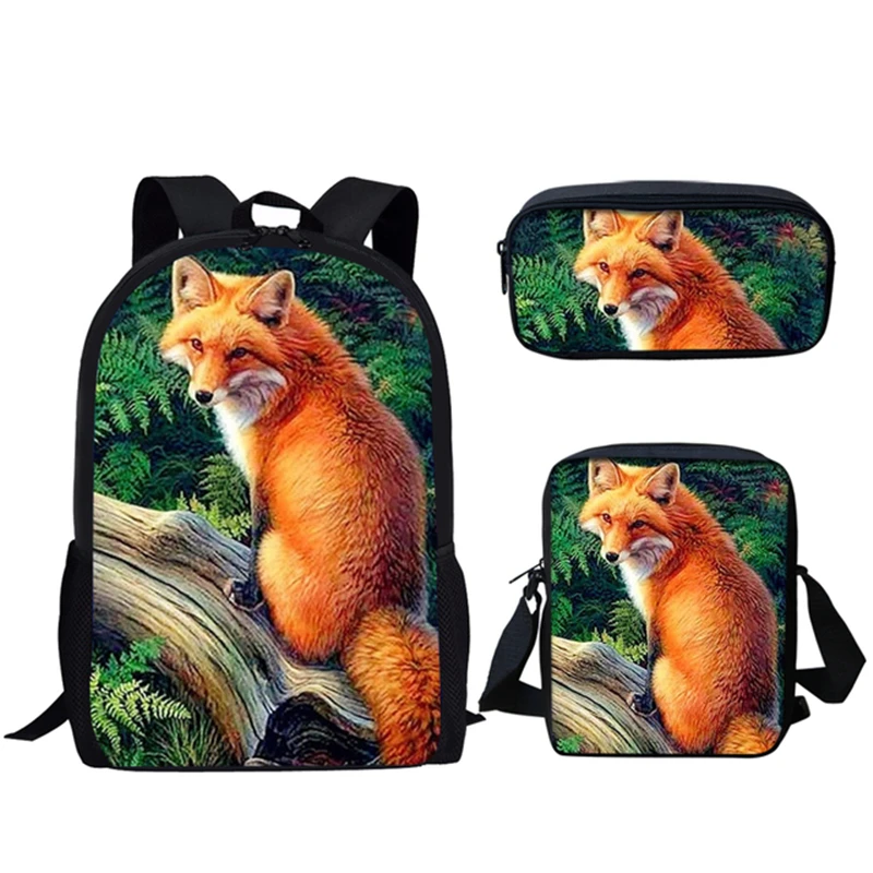 Harajuku Novelty Cool Fox 3pcs/Set Backpack 3D Print School Student Bookbag Laptop Daypack Shoulder Bag Pencil Case