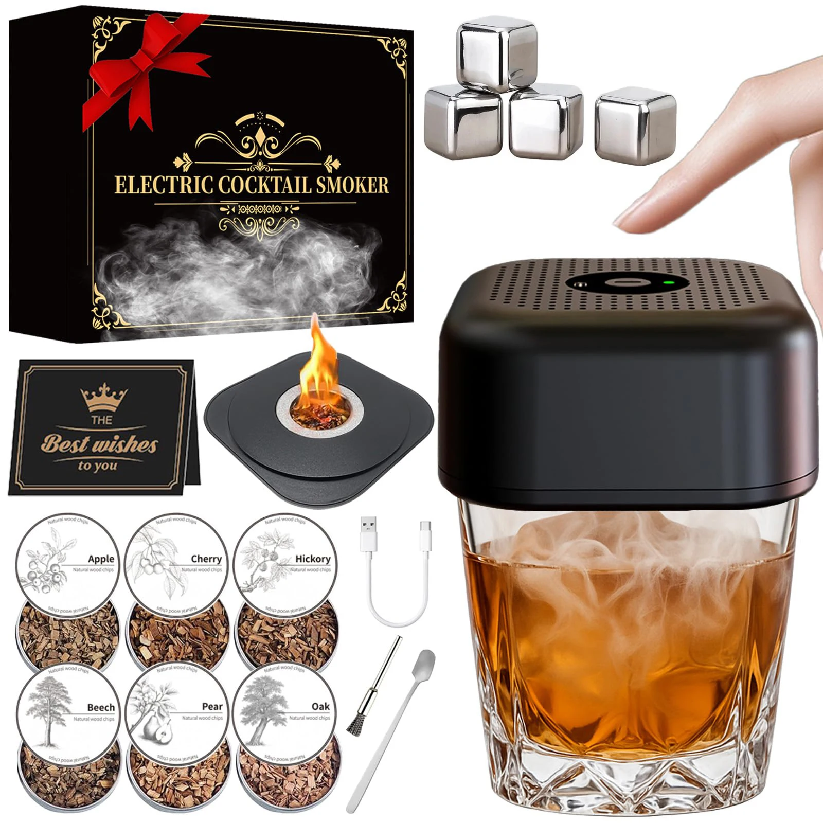 XIEYIGMO Electric Whiskey Smoker Kit - Cocktail Smoke-r With Wood Chips, Rechargeable (No Butane)