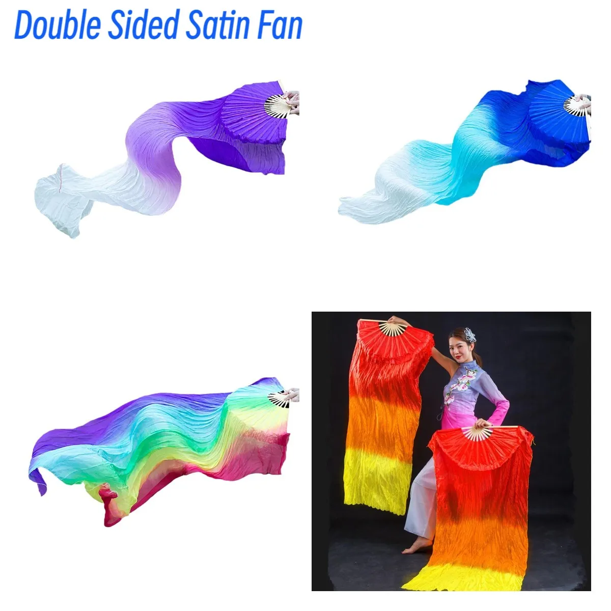 Silk Fans 1PC 150cm Length Floating Head Double Side Satin Fan Dancer Practice Long Imitation Props