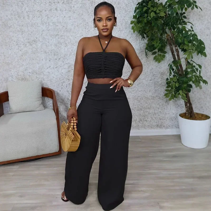 Sexy Night Club Outfits for Women Two Piece Set Elegant Halter Backless Strapless Crop Top and Wide Leg Pants Matching Sets Rave