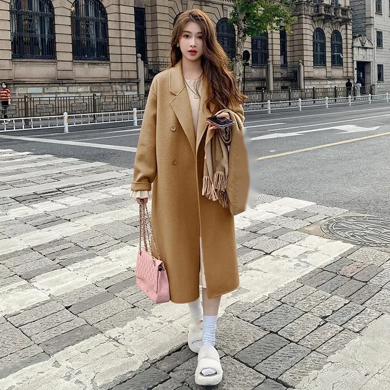 Pink Double sided Cashmere Women's 2023 Autumn/Winter New Korean Loose Mid length Hepburn Style Fleece Coat_voghion.com