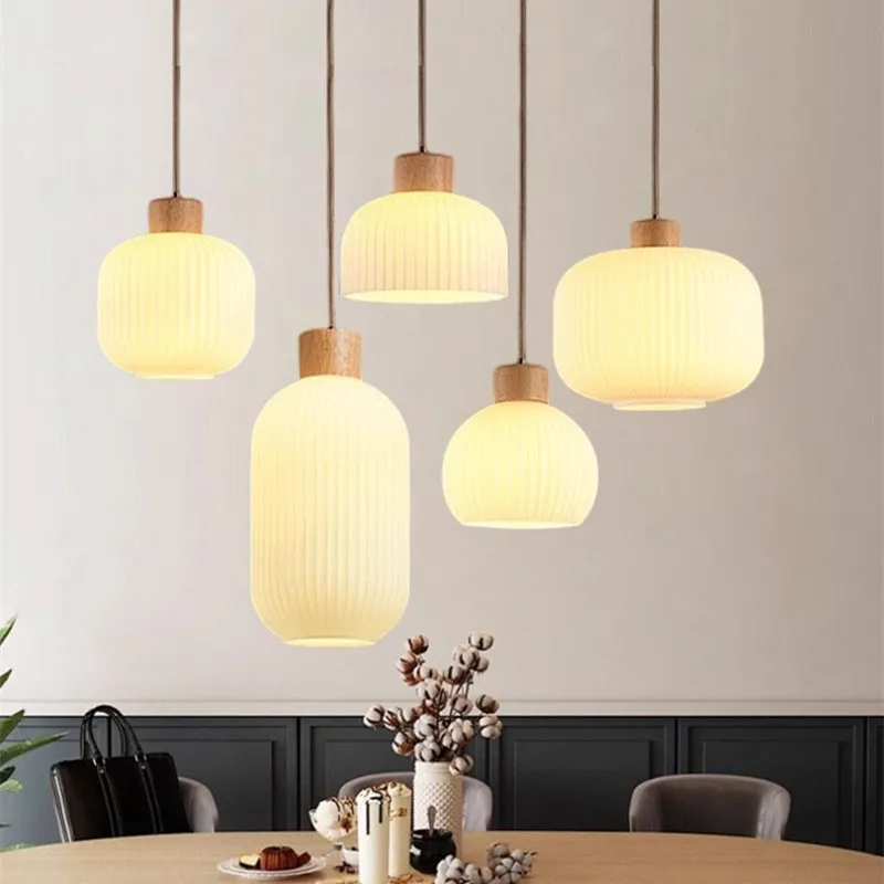 

Japanese pendant lights Retro wood lamp White Frosted glass light shade Restaurant minimal design lamp home Bedroom bedside lamp