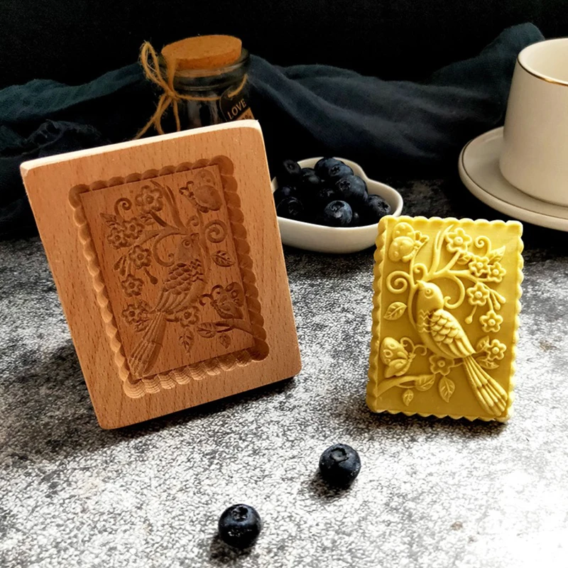 1pc Wooded Embossed Sunflower Flowers and Birds Cookie Mold For Baking Kitchen Cookie Cutter Gingerbread Stamp Biscuit