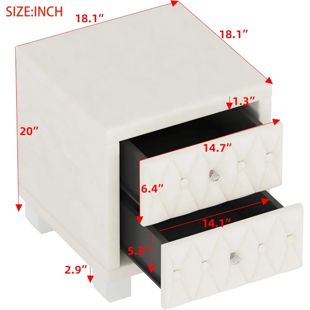 Nightstand with Storage Drawers, Upholstered Velvet Bedside End Table for Small Bedroom, Beige 2